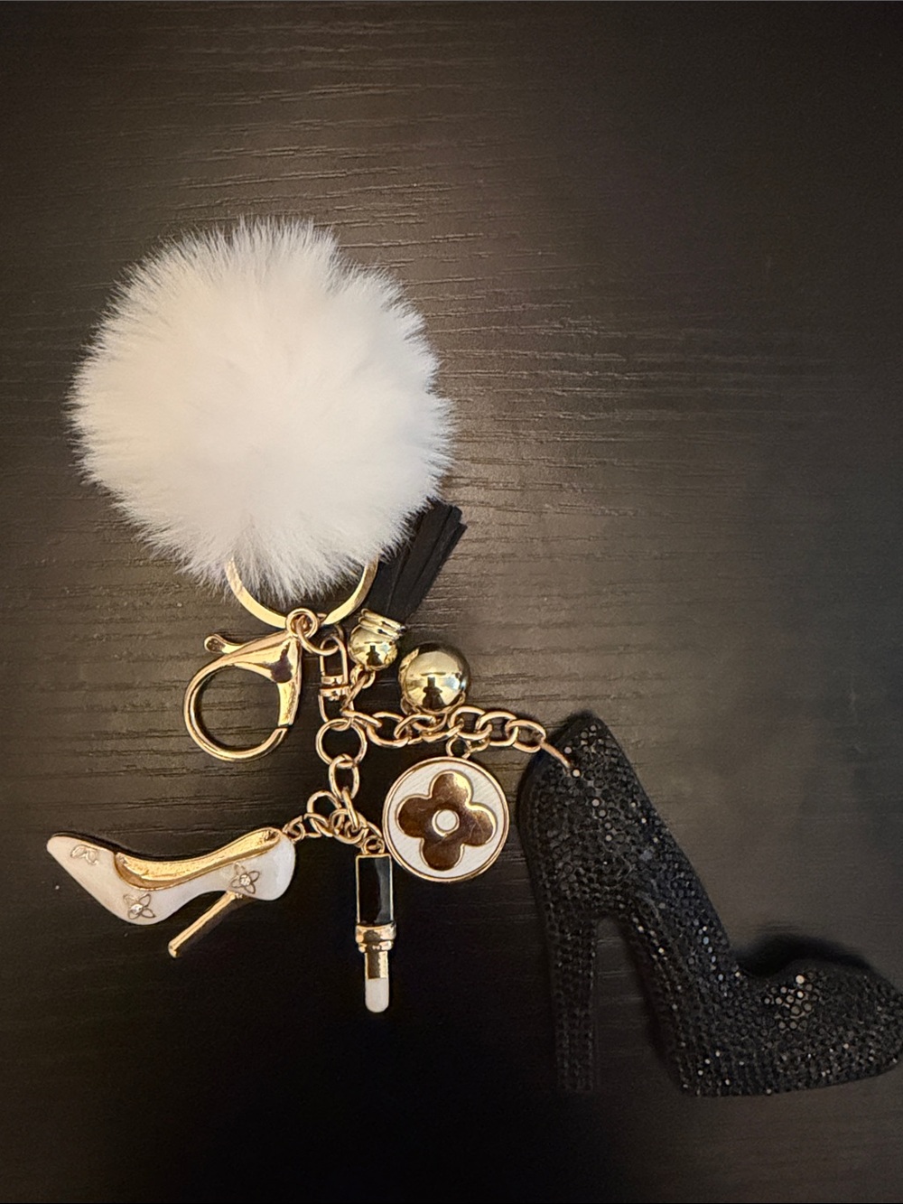 Inspired Gold-Tone Key Holder Charm with White Pom Pom and Black High Heel